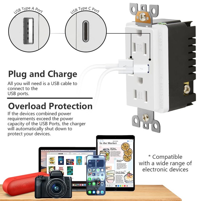 POWAWINI عبوة 2 - مخرج حائط 15 أمبير، مدرج من UL، منفذ USB C و USB A، اختبار ذاتي مع مؤشر LED، مقبس مقاوم للتلاعب مع لوحات حائط مزخرفة وبراغي (أبيض) - Image 3